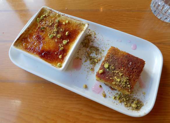 20.vanilla bean crème brûlée with lavender sugar, pistachio cake &amp; rosewater syrup