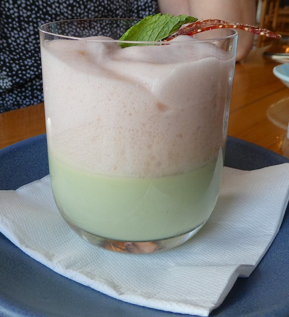 22.basil panna cotta, white peach foam, quinoa crisp &amp; fresh berries