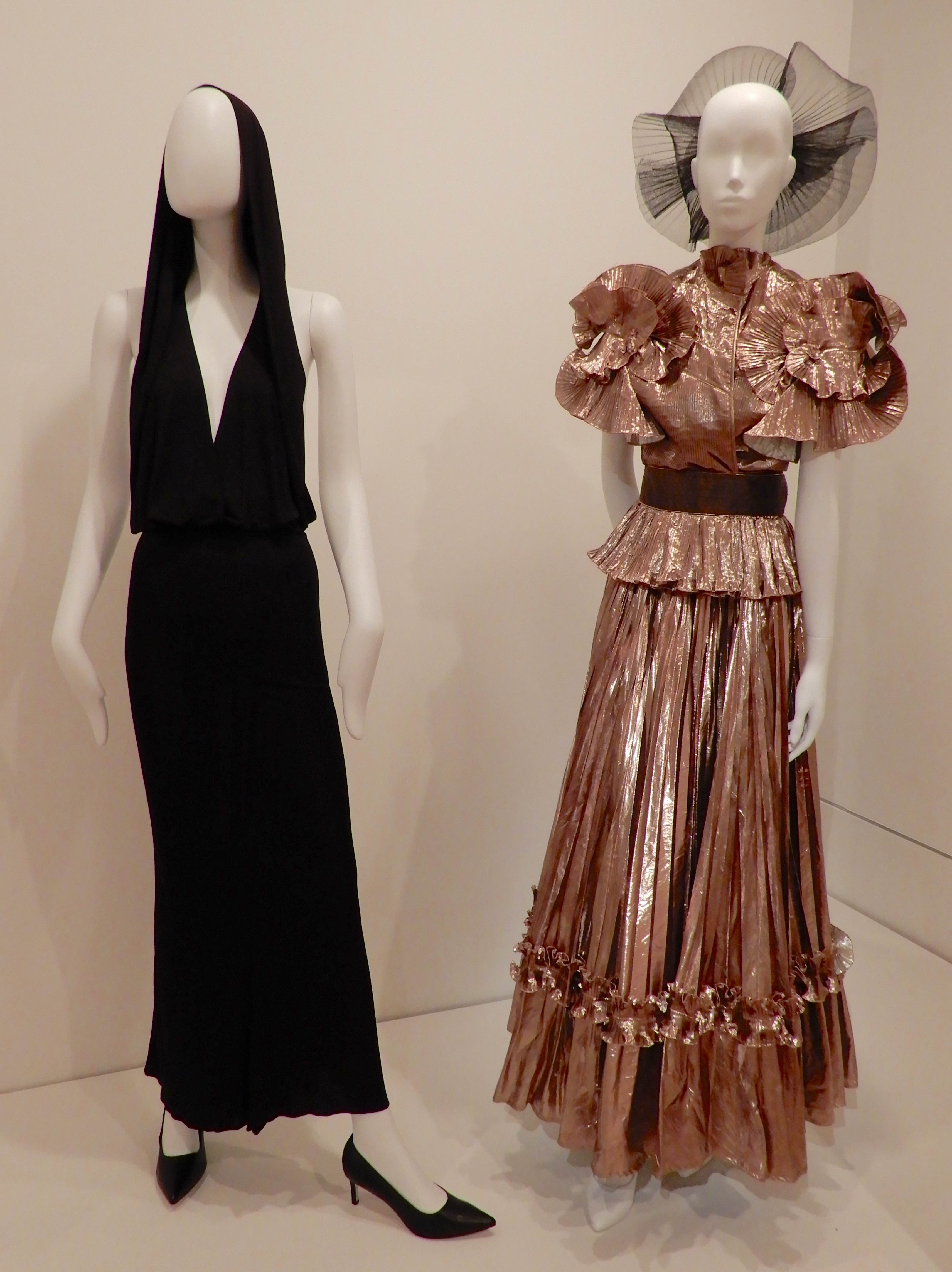 73.Alaïa, dress 1985; Zandra Rhodes, evening ensemble 1981